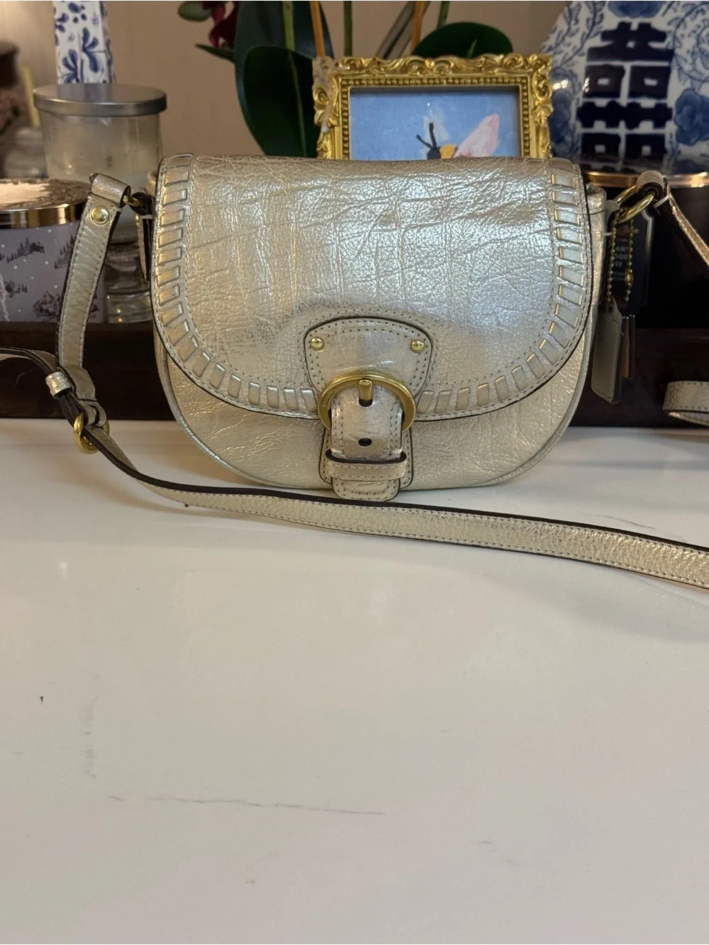 💛 COACH POPPY METALLIC LEATHER WHIPSTITCH CROSSBODY BAG!